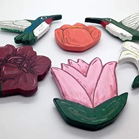 Wooden Hummingbird and Flower Magnets - Set of 6 - Picture 2 of 2